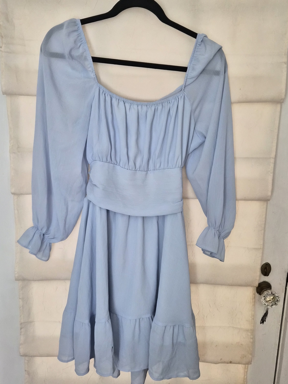 Sky Blue Puff Sleeve Midi Dress with Gathered Waist